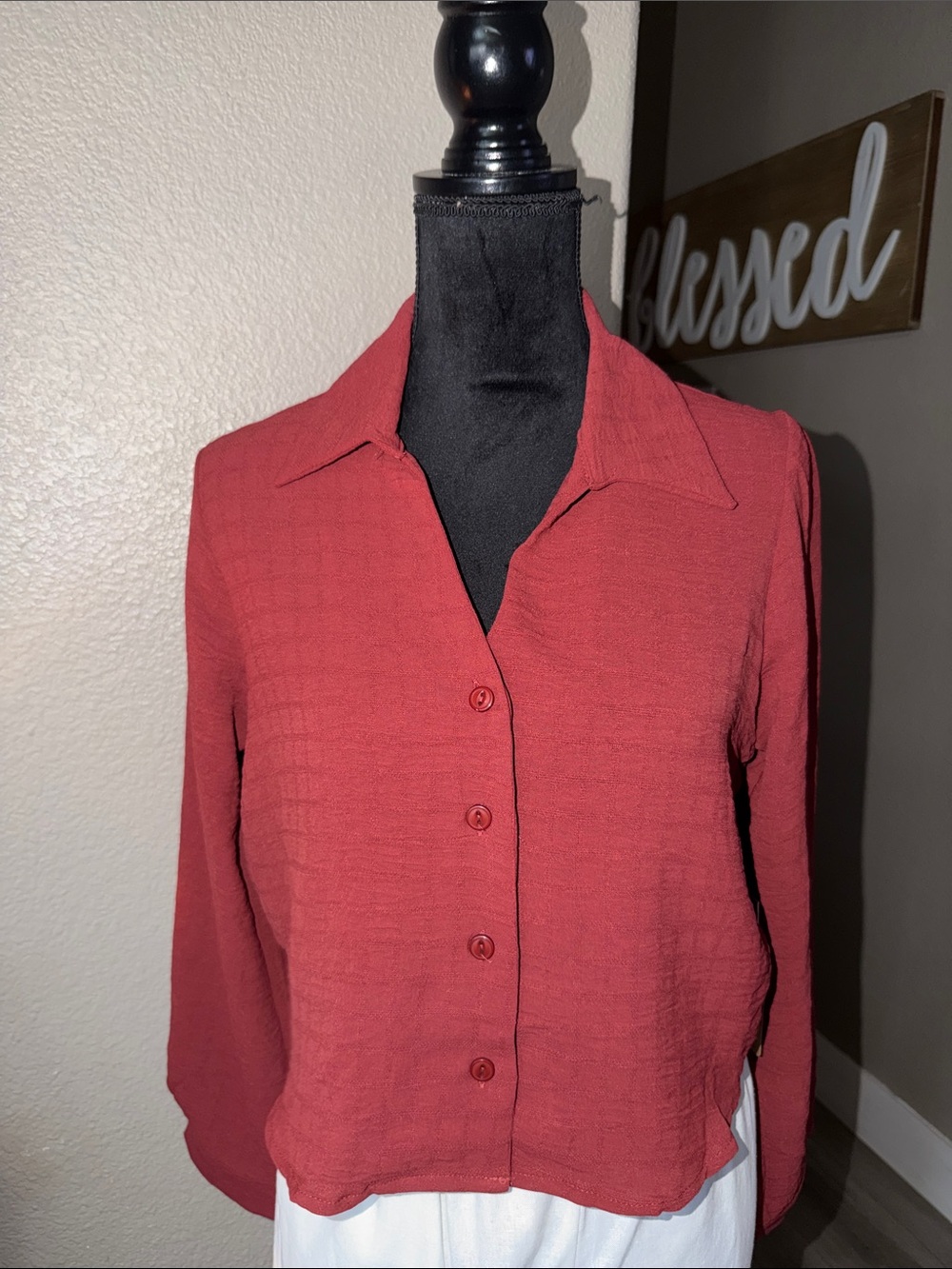 Women's Button-Front Long Sleeve Blouse in Brick Red
